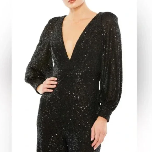 Mac Duggal Ieena Long Sleeve Wide-Leg Sequin Jumpsuit NWT in Black 2 - Picture 16 of 16